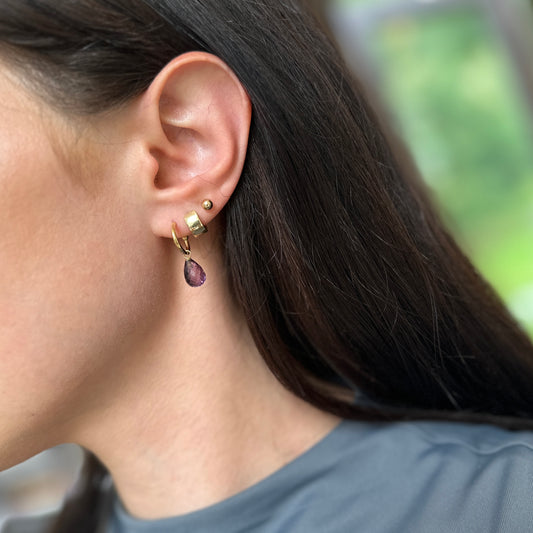 14KT Yellow Gold Teardrop Amethyst Charm Hoop Earrings