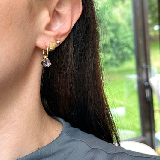 14KT Yellow Gold Citrine, Blue Topaz, + Amethyst Hoop Charm Earrings Set