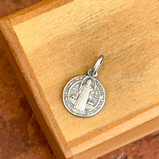 Sterling Silver Antiqued St Benedict Round Medal Pendant Charm 12mm