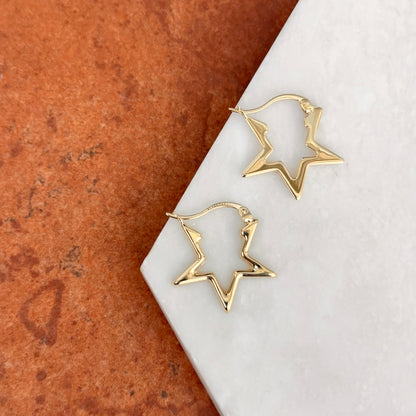 14KT Yellow Gold Shiny Star Shaped Cut-Out Hoop Earrings