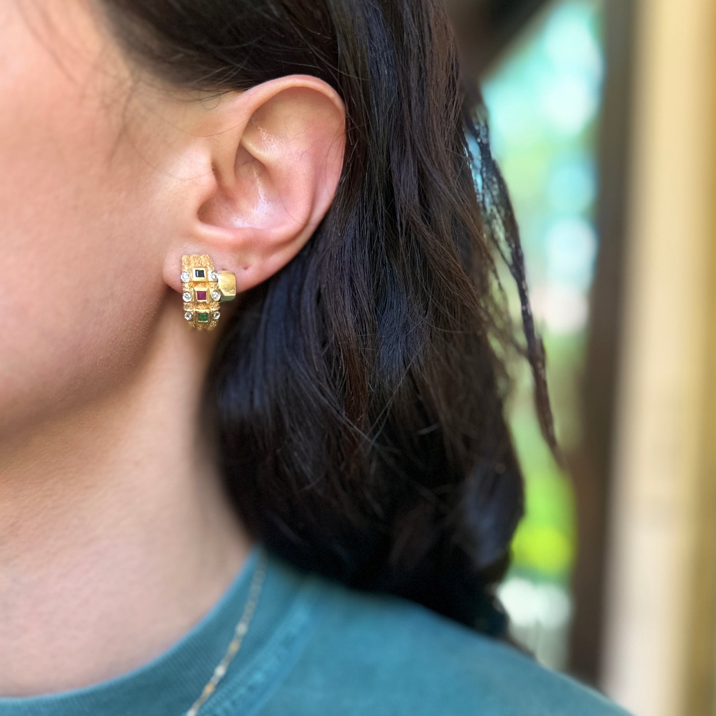 Estate 14KT Yellow Gold Diamond + Emerald, Sapphire, Ruby Half-Hoop Earrings