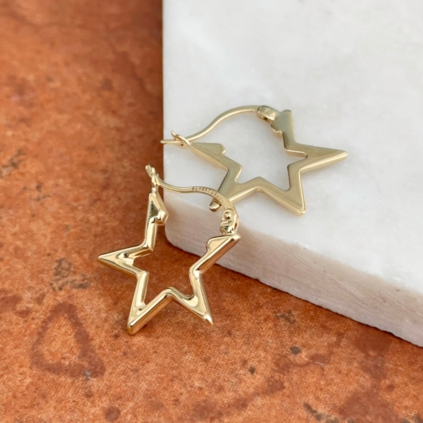 14KT Yellow Gold Shiny Star Shaped Cut-Out Hoop Earrings