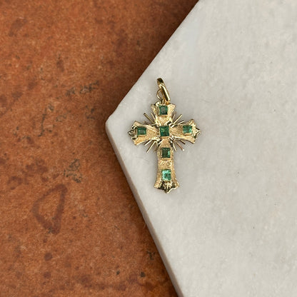 Estate 18KT Yellow Gold Genuine Emerald Ornate Cross Pendant