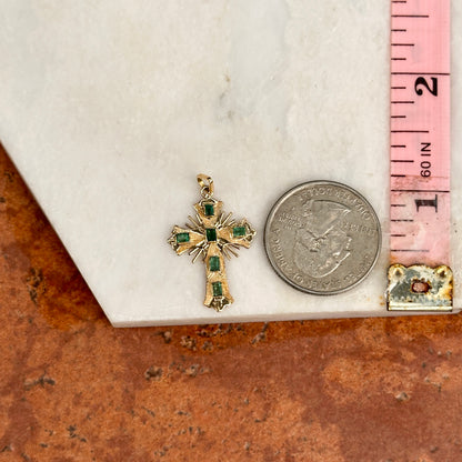 Estate 18KT Yellow Gold Genuine Emerald Ornate Cross Pendant