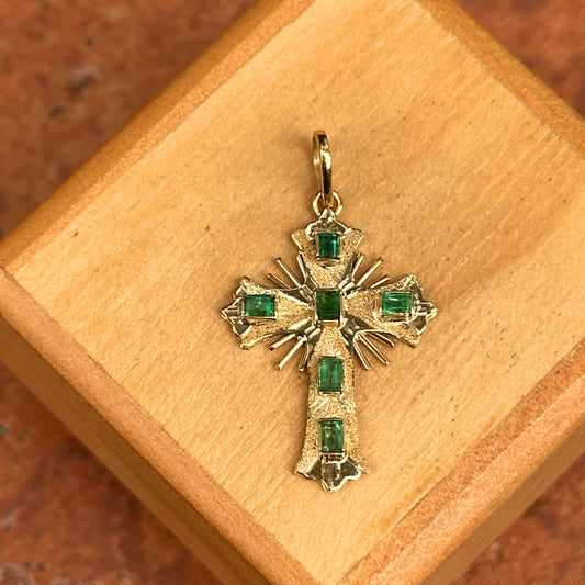 Estate 18KT Yellow Gold Genuine Emerald Ornate Cross Pendant
