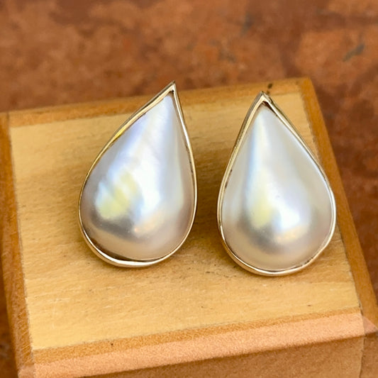 Estate 14KT Yellow Gold Teardrop Mabe Pearl Omega Back Earrings