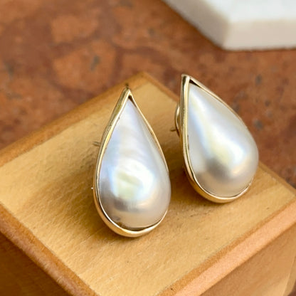 Estate 14KT Yellow Gold Teardrop Mabe Pearl Omega Back Earrings