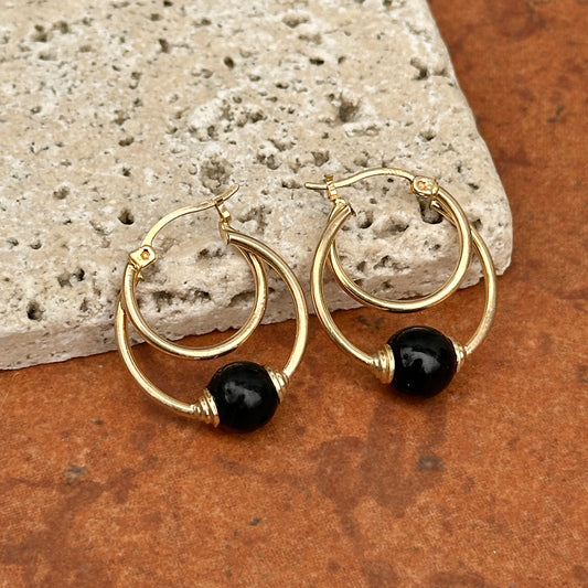 Estate 10KT Yellow Gold Onyx Ball Hoop Earrings