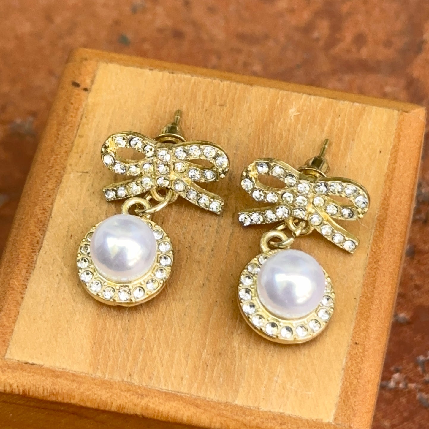 Estate Gold-Tone Round Faux Pearl Bead Drop Dangle Bow Earrings