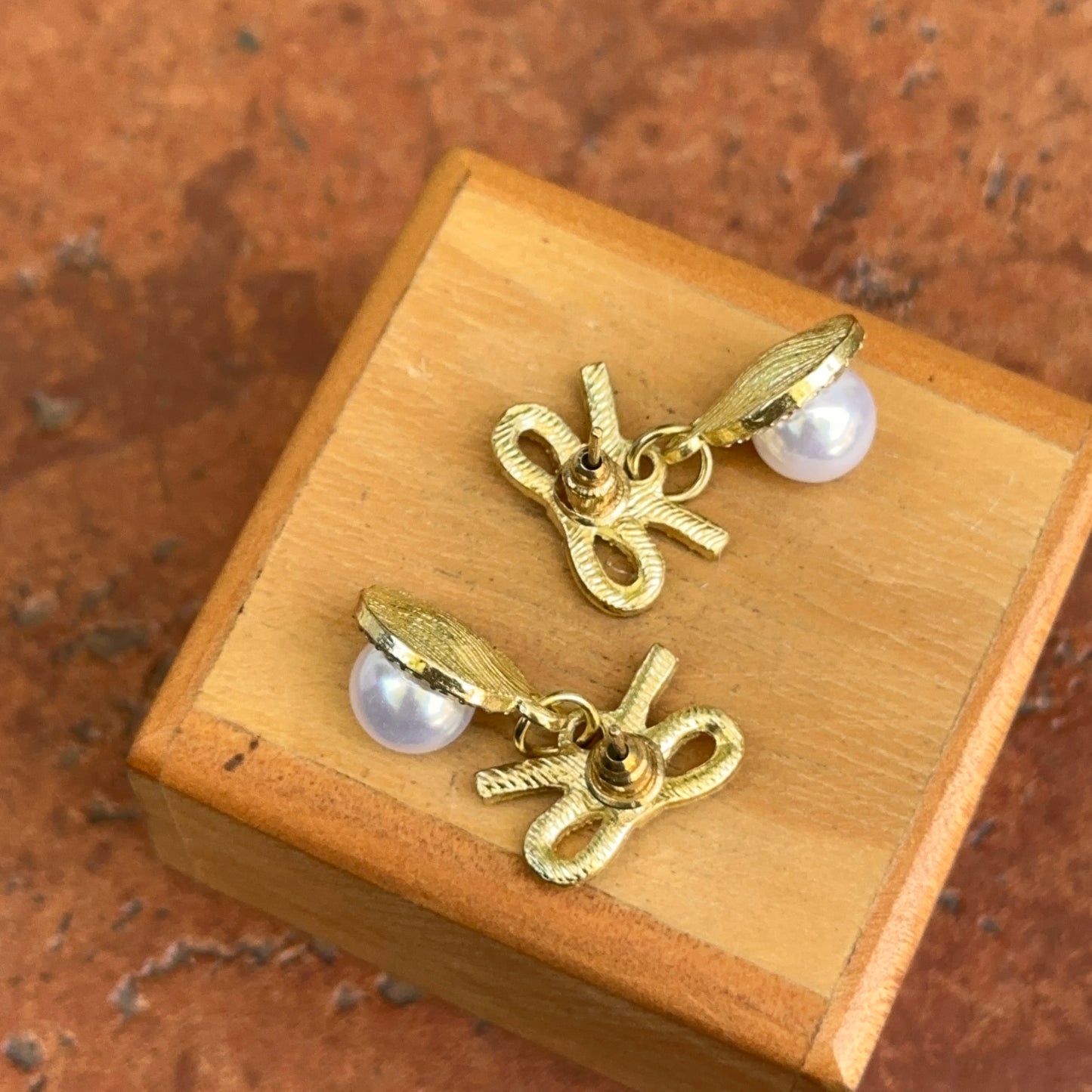 Estate Gold-Tone Round Faux Pearl Bead Drop Dangle Bow Earrings