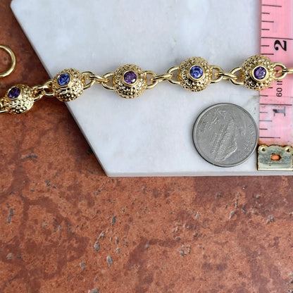 Vintage 14KT Yellow Gold Sterling Silver Byzantine Textured Links + Iolite Gemstones 8.5”