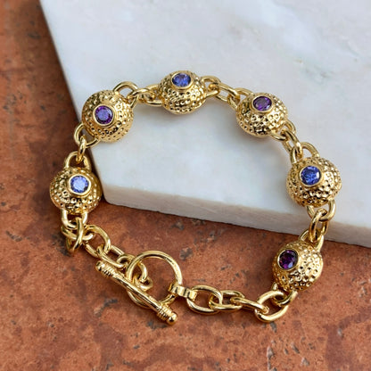 Vintage 14KT Yellow Gold Sterling Silver Byzantine Textured Links + Iolite Gemstones 8.5”
