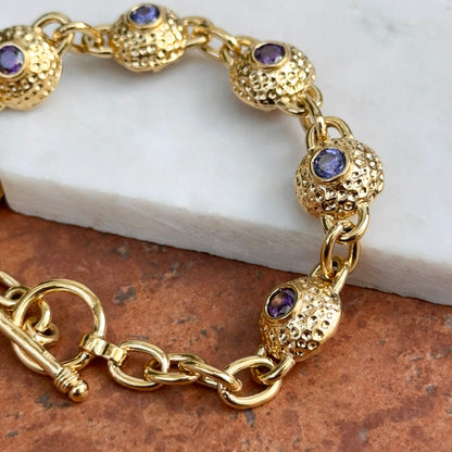 Vintage 14KT Yellow Gold Sterling Silver Byzantine Textured Links + Iolite Gemstones 8.5”