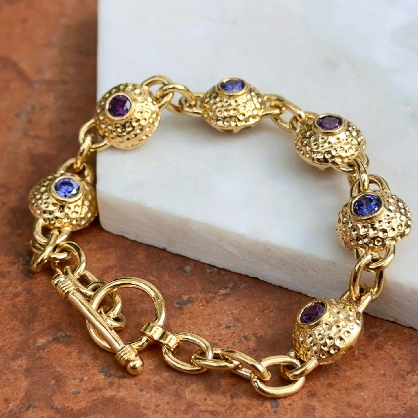 Vintage 14KT Yellow Gold Sterling Silver Byzantine Textured Links + Iolite Gemstones 8.5”