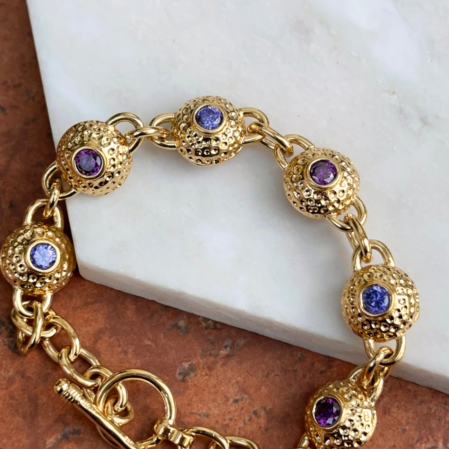 Vintage 14KT Yellow Gold Sterling Silver Byzantine Textured Links + Iolite Gemstones 8.5”