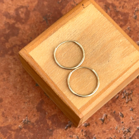 14KT Yellow Gold Shiny Thin Tube Round Endless Hoop Earrings 15MM