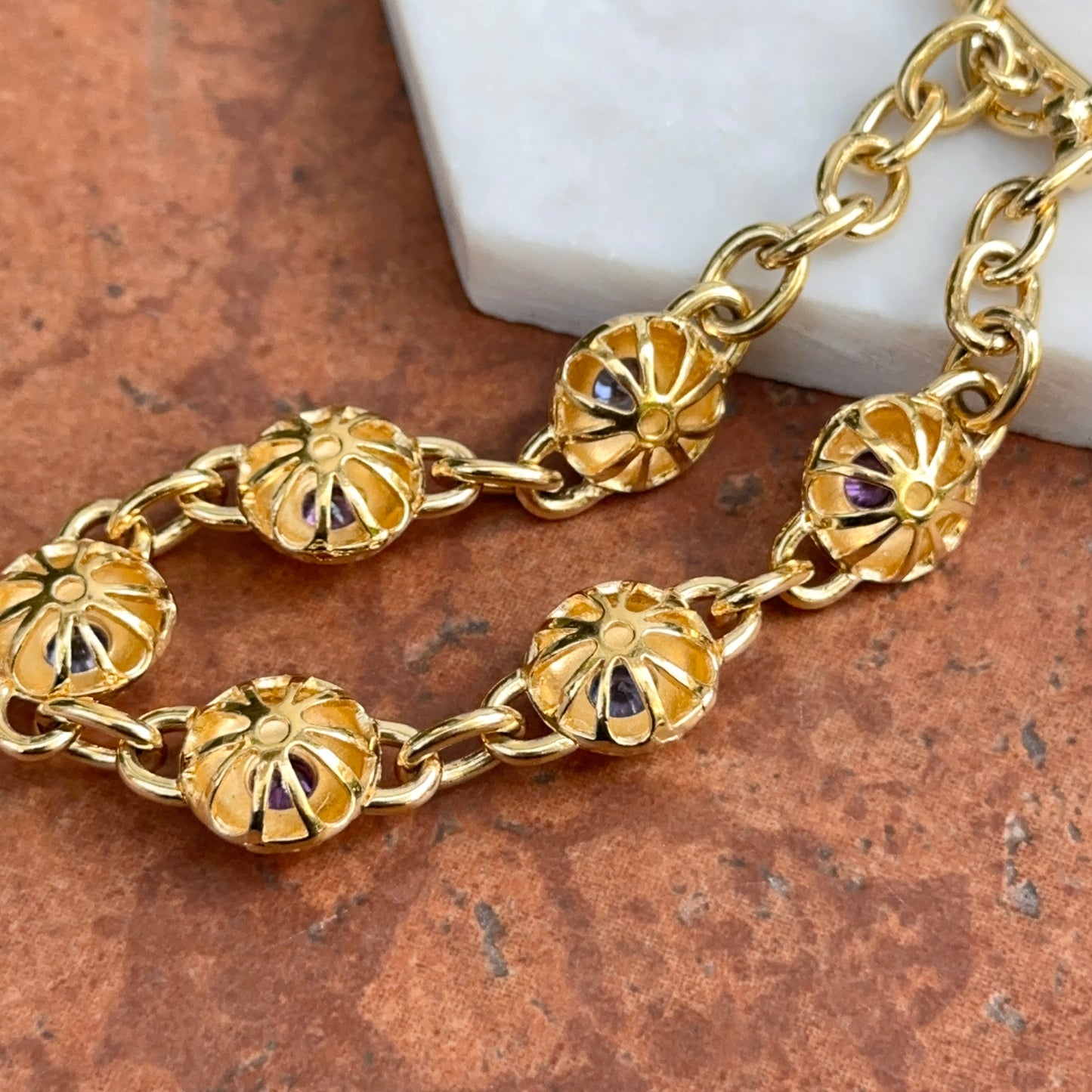 Vintage 14KT Yellow Gold Sterling Silver Byzantine Textured Links + Iolite Gemstones 8.5”