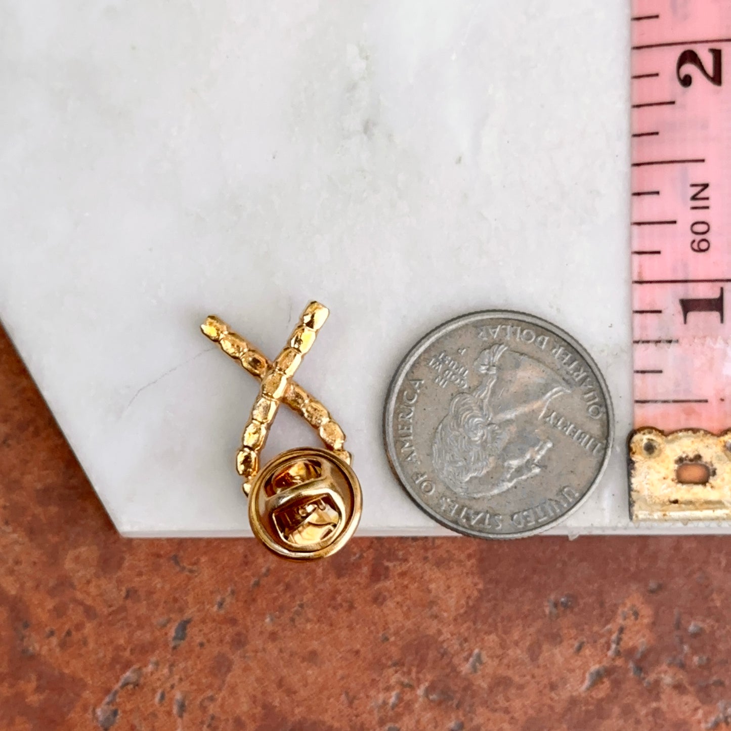 Yellow Tone Round Pink Stone Breast Cancer Awareness Brooch