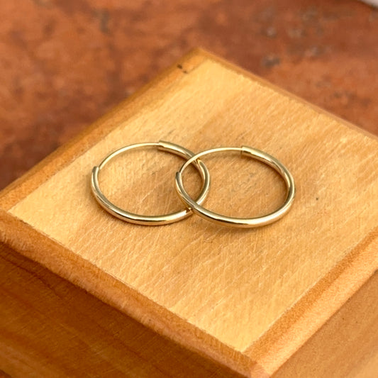 14KT Yellow Gold Shiny Thin Tube Round Endless Hoop Earrings 15MM