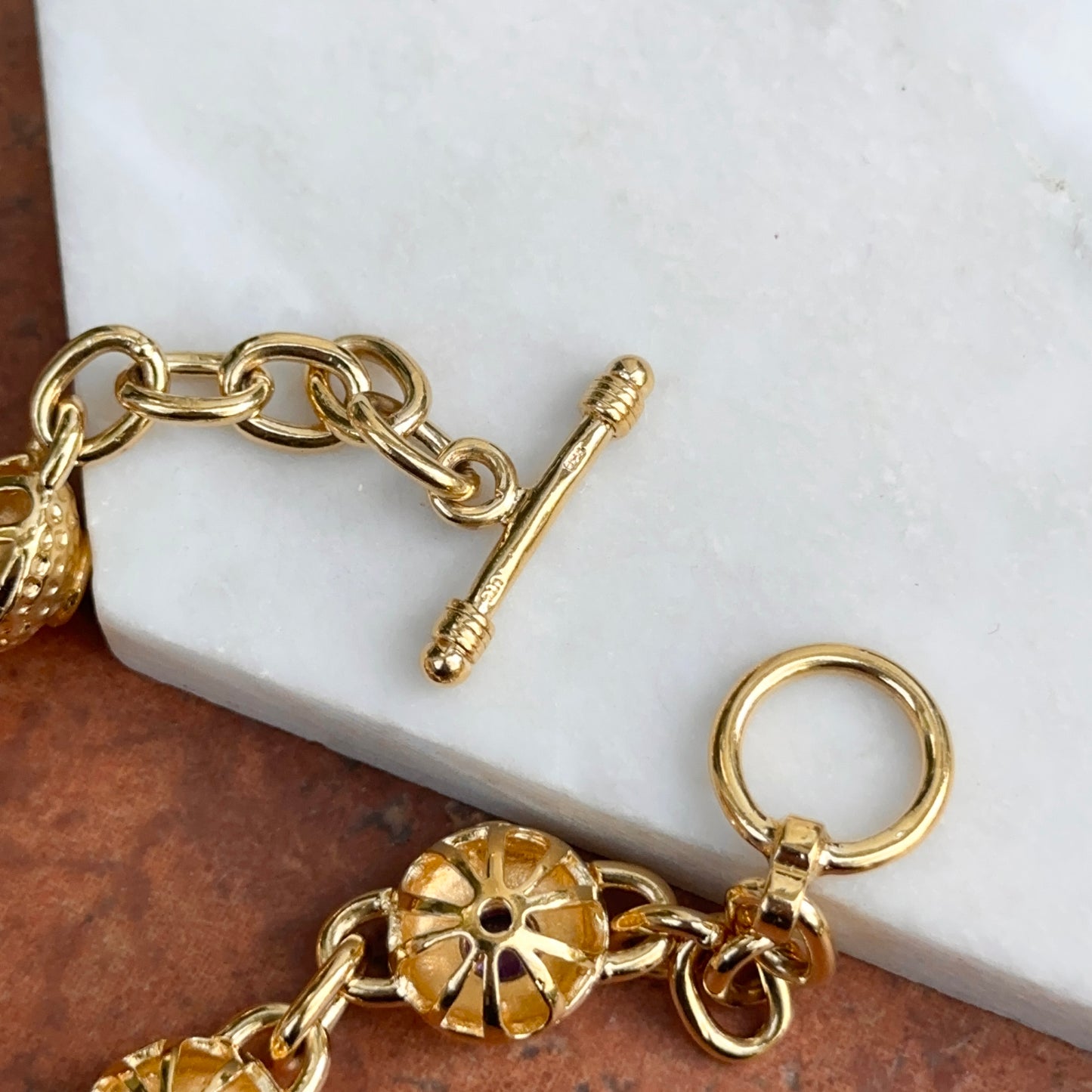 Vintage 14KT Yellow Gold Sterling Silver Byzantine Textured Links + Iolite Gemstones 8.5”