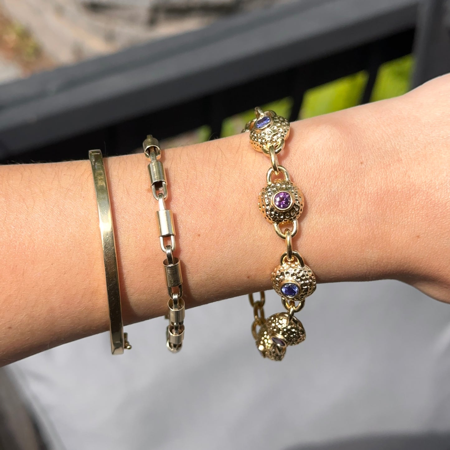 Vintage 14KT Yellow Gold Sterling Silver Byzantine Textured Links + Iolite Gemstones 8.5”