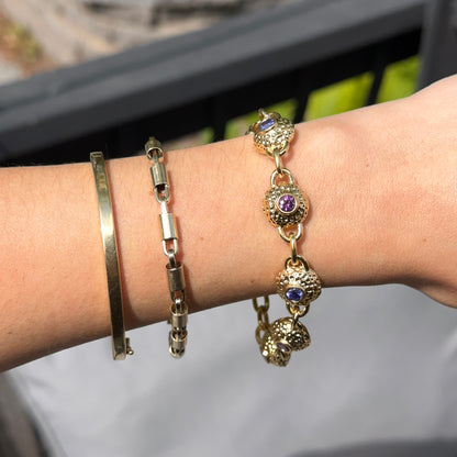 Vintage 14KT Yellow Gold Sterling Silver Byzantine Textured Links + Iolite Gemstones 8.5”