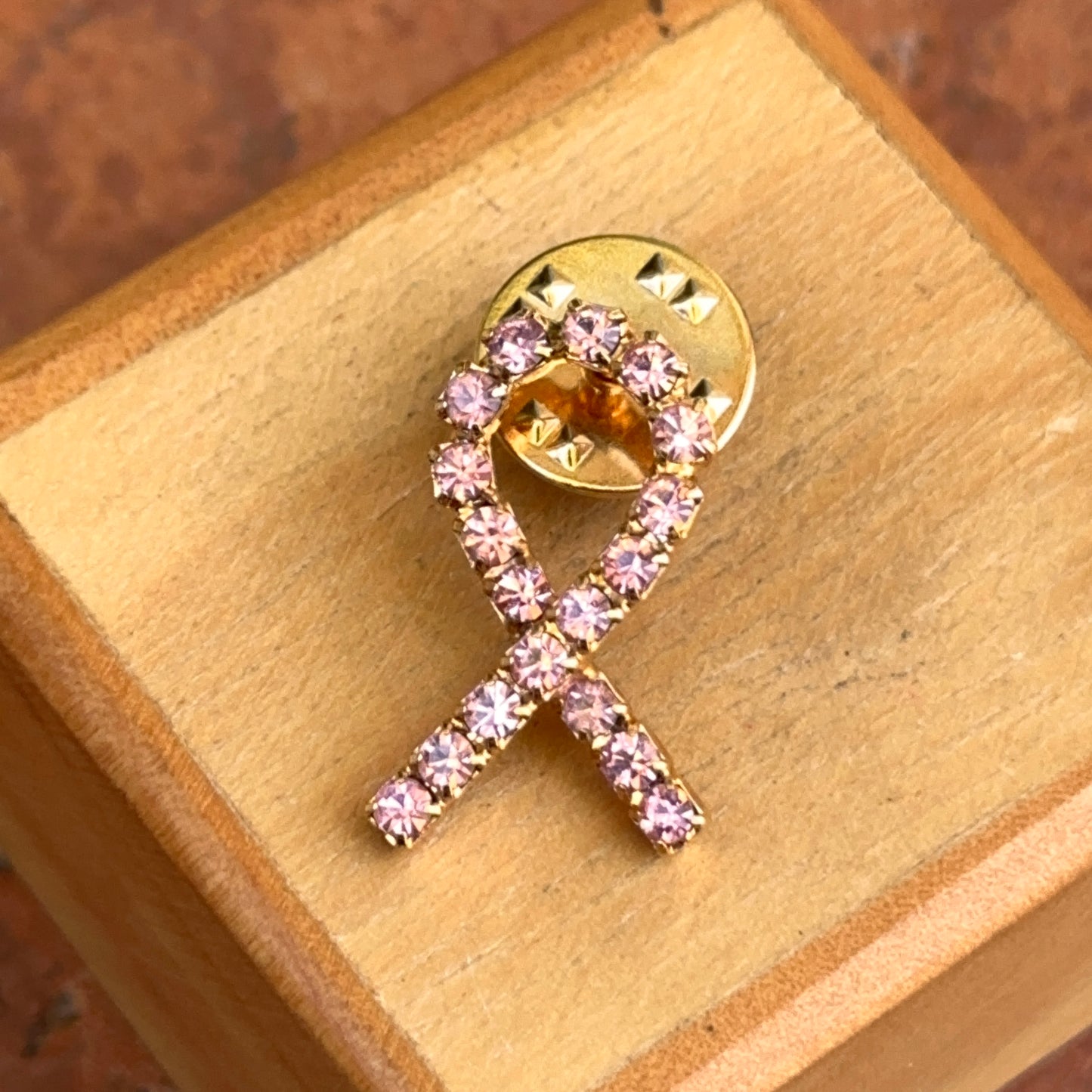 Yellow Tone Round Pink Stone Breast Cancer Awareness Brooch