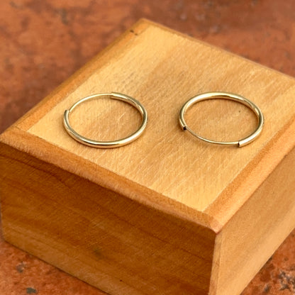 14KT Yellow Gold Shiny Thin Tube Round Endless Hoop Earrings 15MM