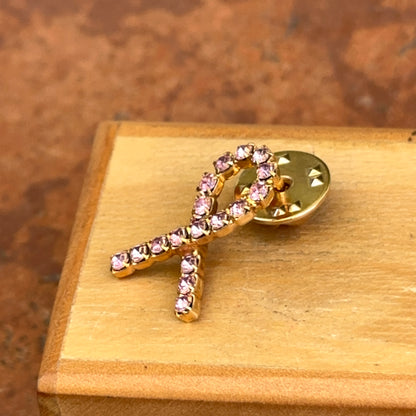 Yellow Tone Round Pink Stone Breast Cancer Awareness Brooch