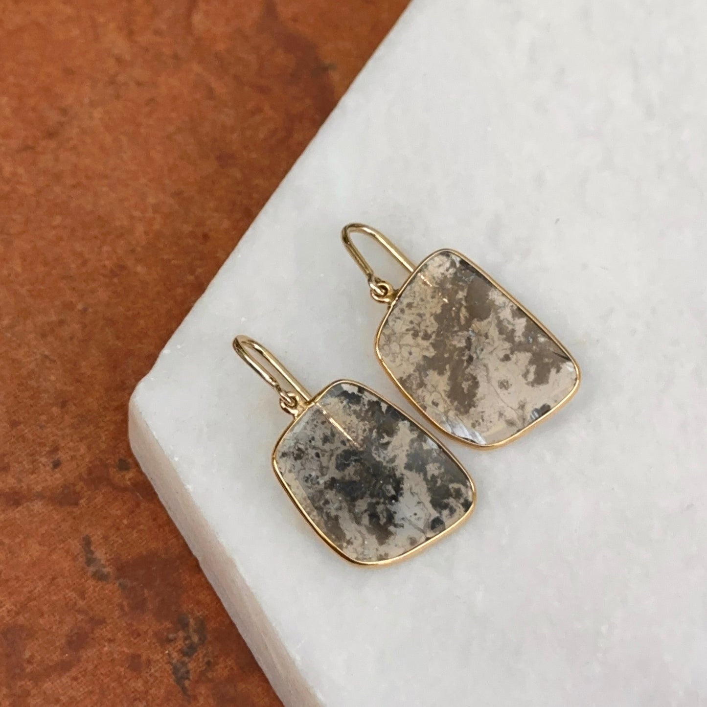 18KT Yellow Gold Bezel-Set Diamond Slice Oblong Dangle Drop Gray Earrings