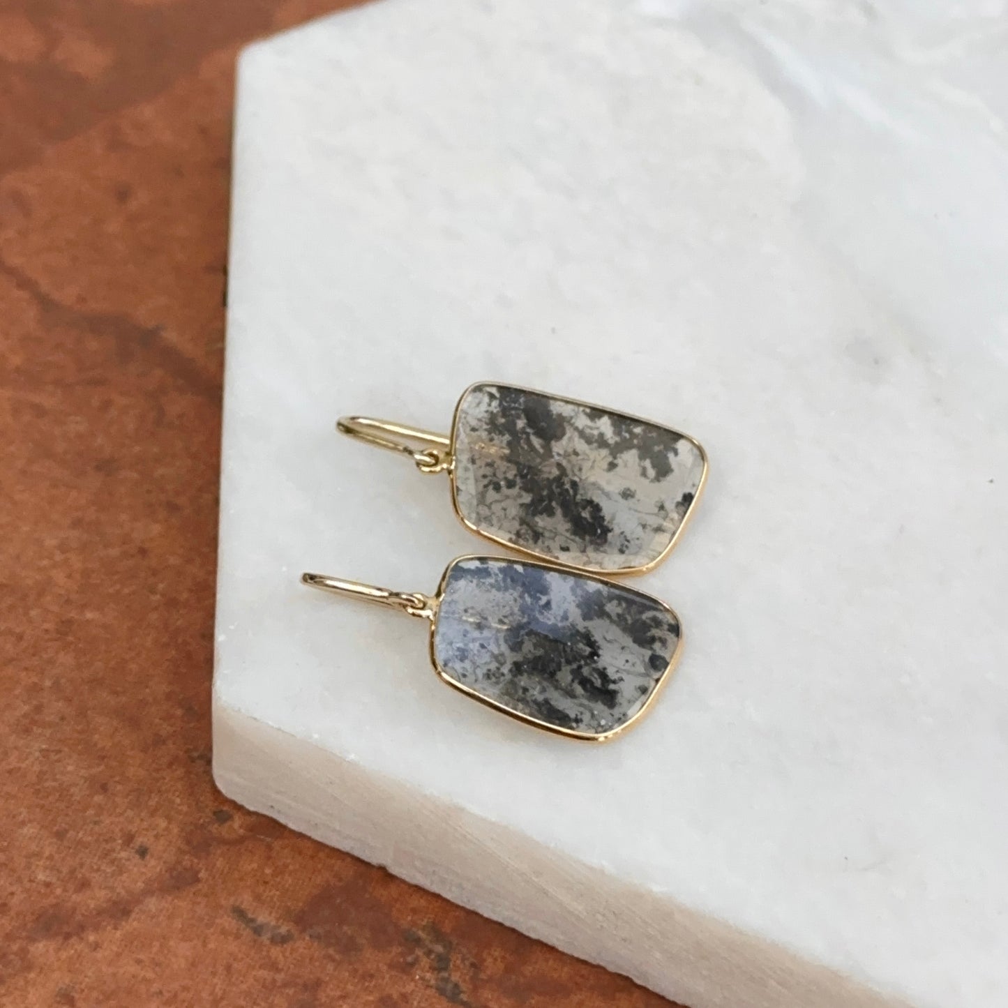 18KT Yellow Gold Bezel-Set Diamond Slice Oblong Dangle Drop Gray Earrings