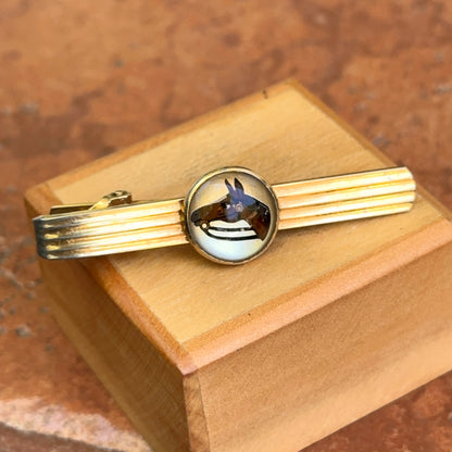 Estate Gold-Tone Glass Painted Horse Tie Bar Clip