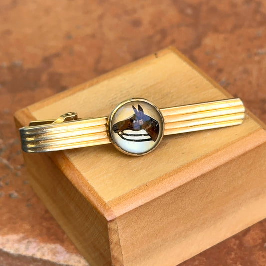 Estate Gold-Tone Glass Painted Horse Tie Bar Clip