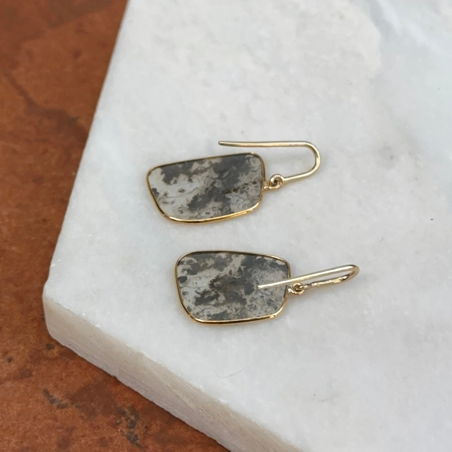 18KT Yellow Gold Bezel-Set Diamond Slice Oblong Dangle Drop Gray Earrings