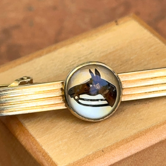 Estate Gold-Tone Glass Painted Horse Tie Bar Clip
