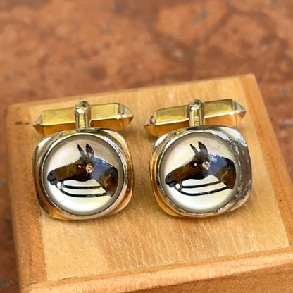 Estate Gold-Tone Rounded Square Glass Hand Painted Horse Cufflinks