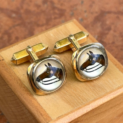 Estate Gold-Tone Rounded Square Glass Hand Painted Horse Cufflinks
