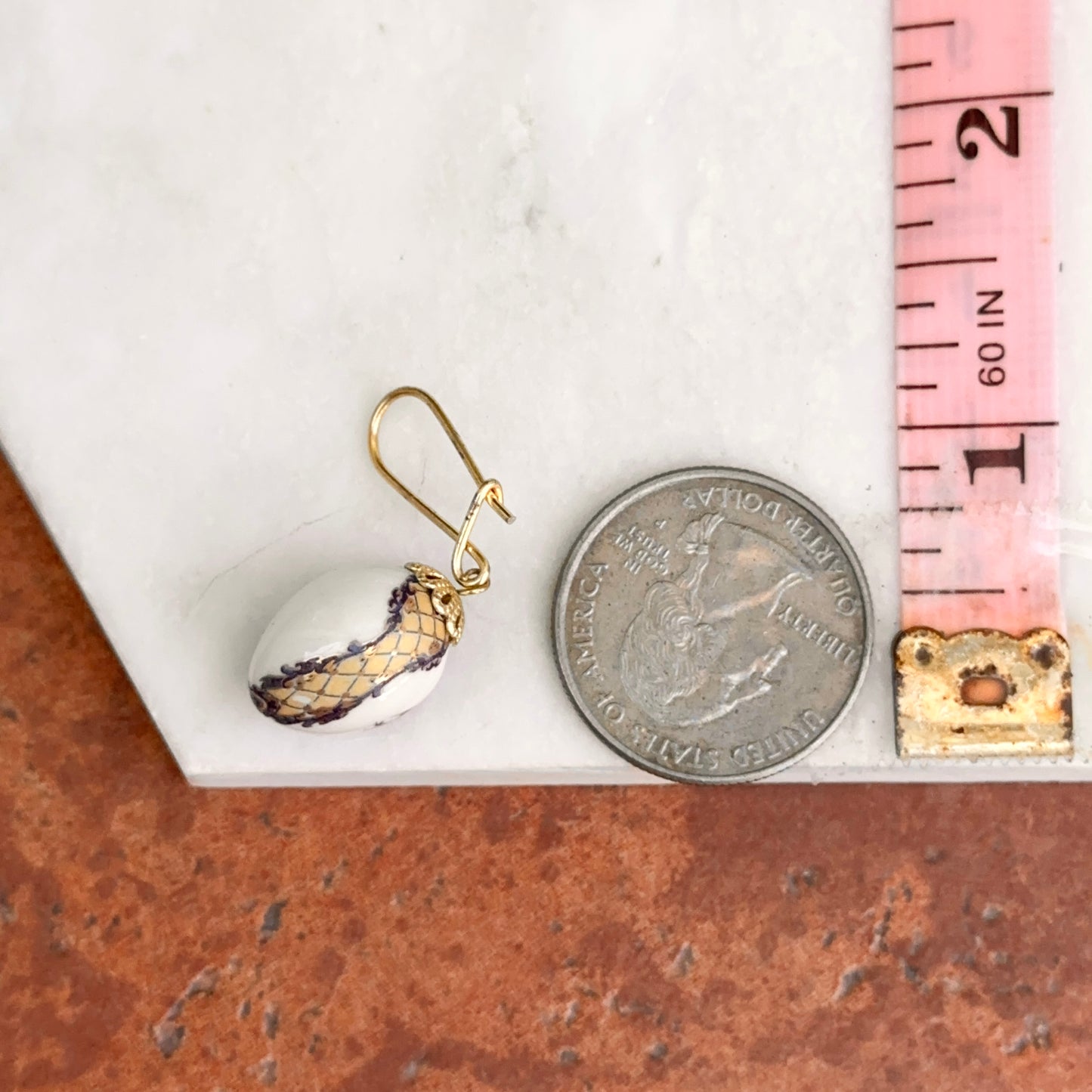 Estate Gold-Tone White Egg Shape Cloisonne Horse Drop Dangle Wire Earrings