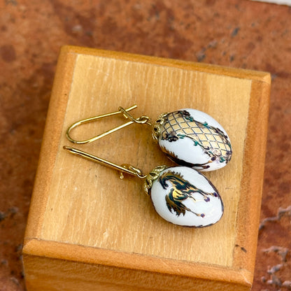 Estate Gold-Tone White Egg Shape Cloisonne Horse Drop Dangle Wire Earrings