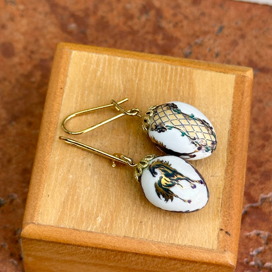 Estate Gold-Tone White Egg Shape Cloisonne Horse Drop Dangle Wire Earrings