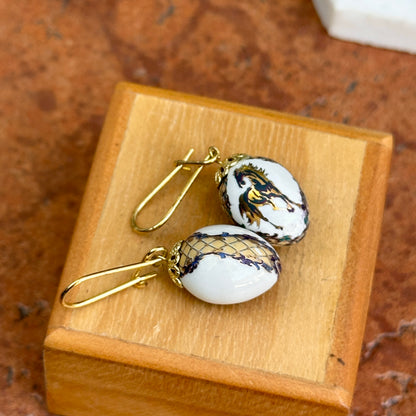 Estate Gold-Tone White Egg Shape Cloisonne Horse Drop Dangle Wire Earrings