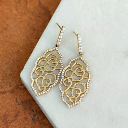Estate 14KT Yellow Gold Filigree Floral Pave Diamond Earrings Dangle