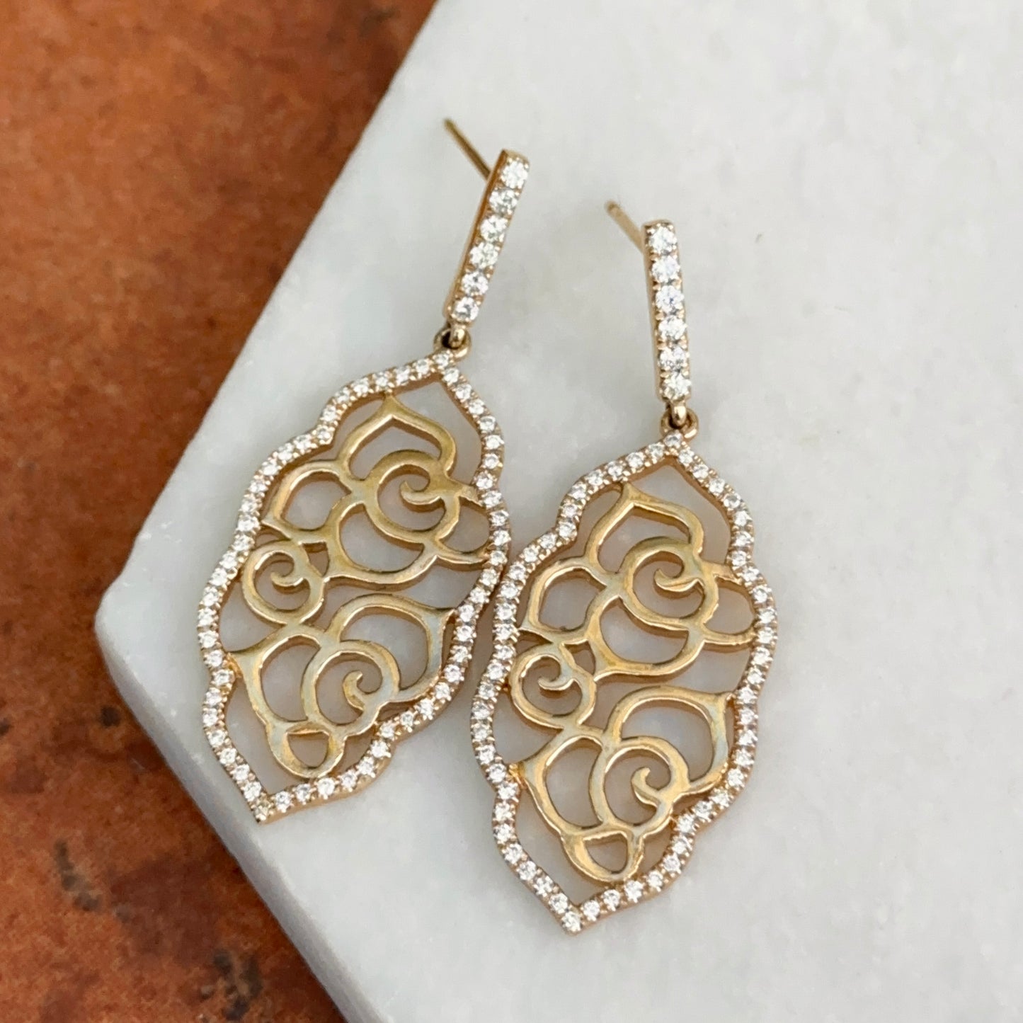 Estate 14KT Yellow Gold Filigree Floral Pave Diamond Earrings Dangle