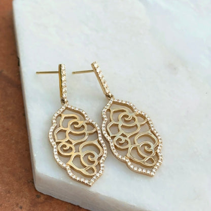 Estate 14KT Yellow Gold Filigree Floral Pave Diamond Earrings Dangle
