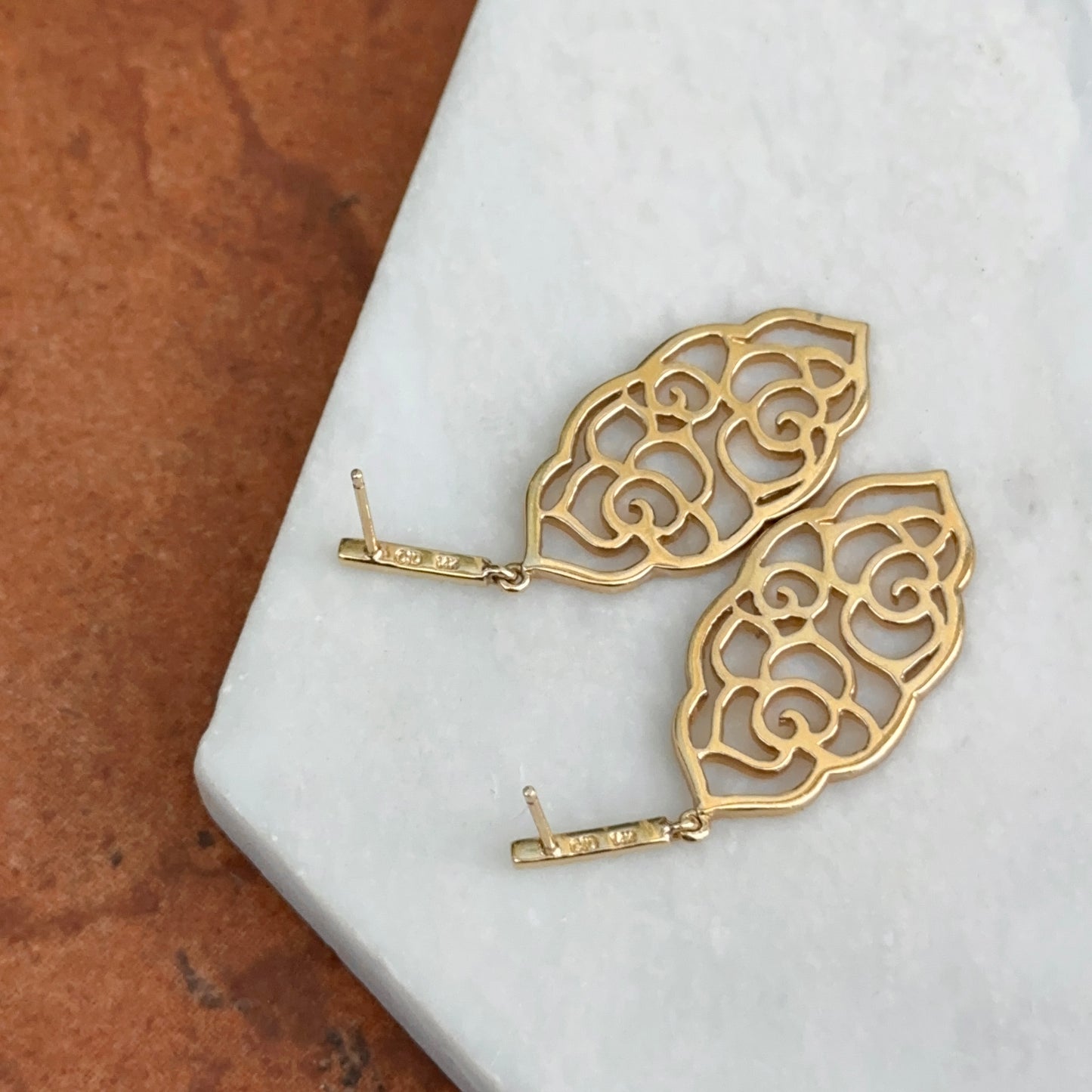 Estate 14KT Yellow Gold Filigree Floral Pave Diamond Earrings Dangle