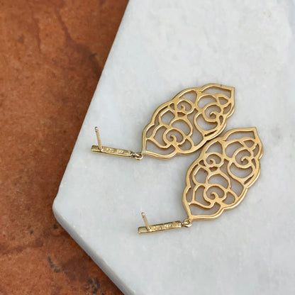Estate 14KT Yellow Gold Filigree Floral Pave Diamond Earrings Dangle