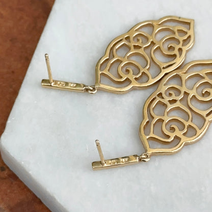 Estate 14KT Yellow Gold Filigree Floral Pave Diamond Earrings Dangle