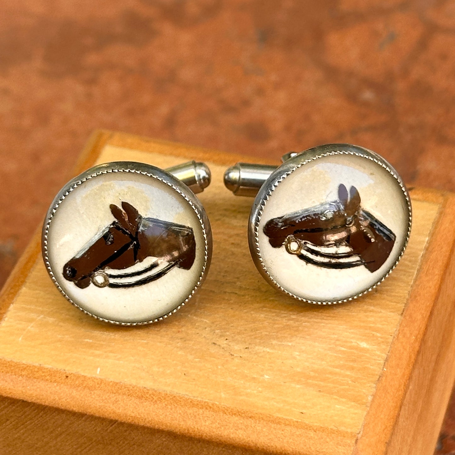 Estate Silver-Tone Round Glass Hand Painted Horse Cufflinks
