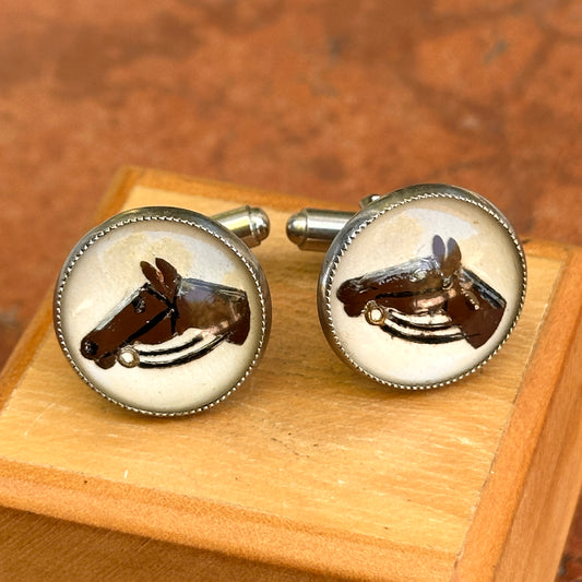 Estate Silver-Tone Round Glass Hand Painted Horse Cufflinks