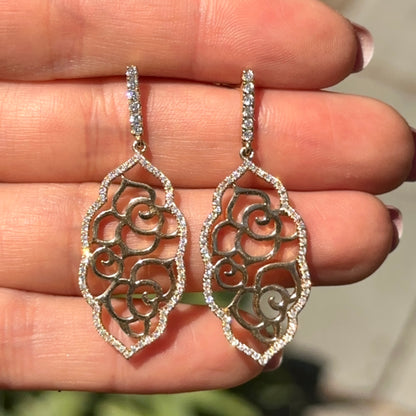 Estate 14KT Yellow Gold Filigree Floral Pave Diamond Earrings Dangle